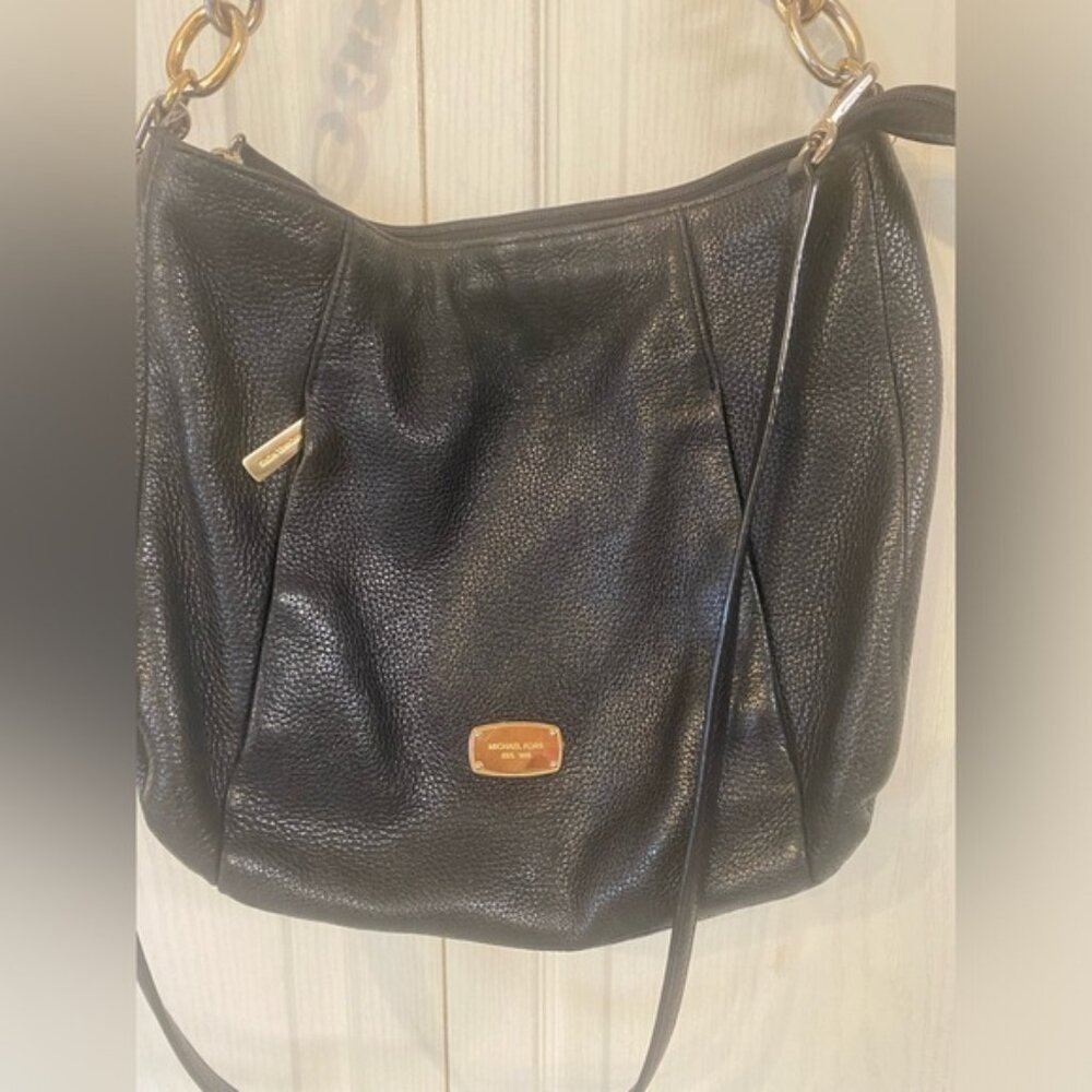 Michael Kors Black Pebbled Leather Zipper Pockets Chain Strap Hobo Shoulder Bag